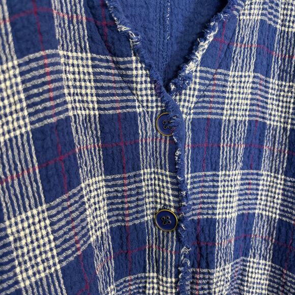 Lagenlook Blue Plaid Frayed Edge Button Top L Habitat Cotton Shirt | Soft Summer - Picture 6 of 13